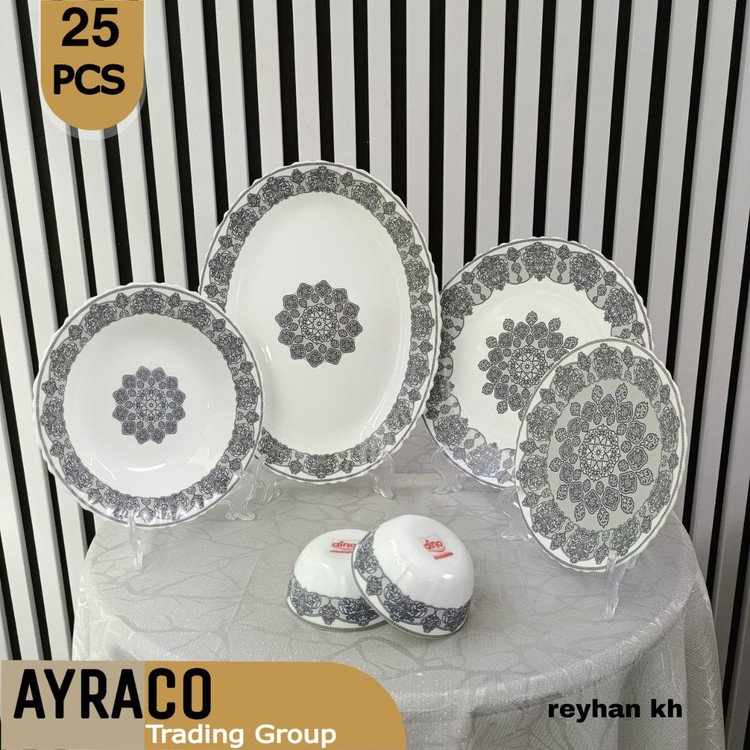 سرویس آکروپال 25 پارچه ریحان خاکستری | سرویس غذاخوری شیک، مدرن و بادوام